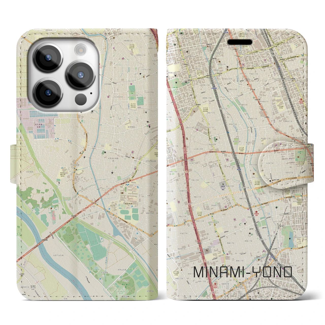 【南与野】地図柄iPhoneケース（手帳両面タイプ・ナチュラル）iPhone 14 Pro 用