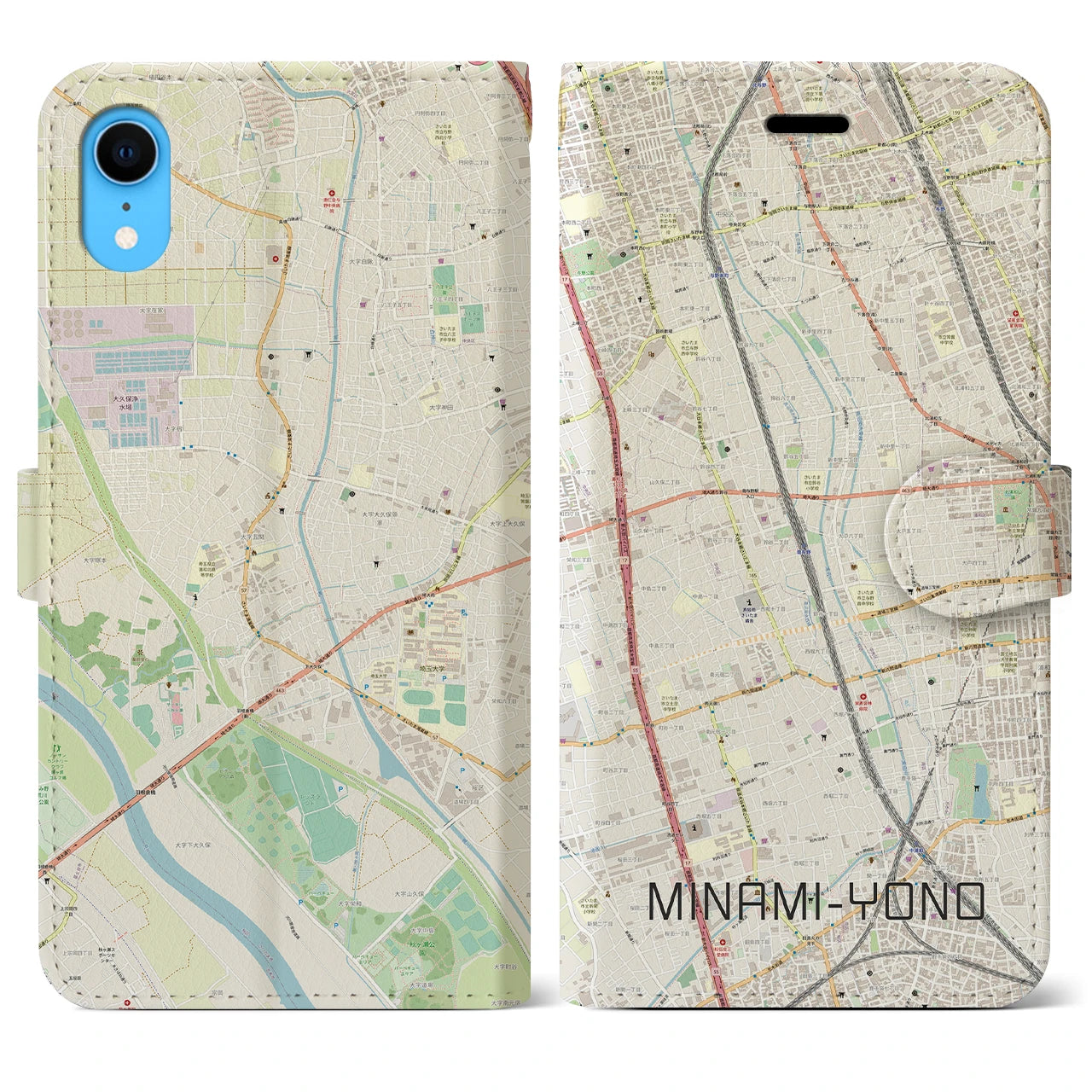 【南与野】地図柄iPhoneケース（手帳両面タイプ・ナチュラル）iPhone XR 用