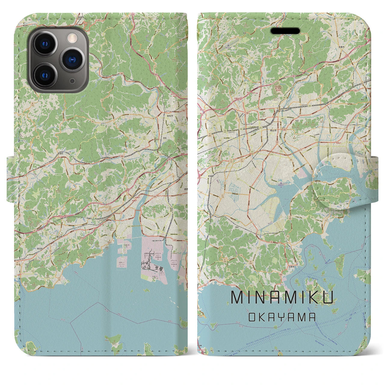 【南区（岡山市）】地図柄iPhoneケース（手帳両面タイプ・ナチュラル）iPhone 11 Pro Max 用