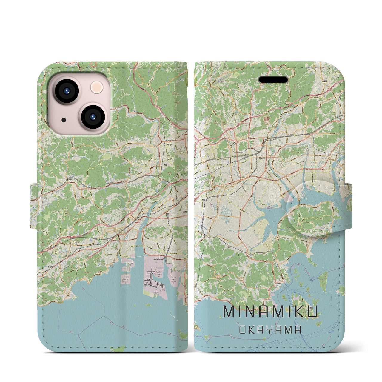 【南区（岡山市）】地図柄iPhoneケース（手帳両面タイプ・ナチュラル）iPhone 13 mini 用