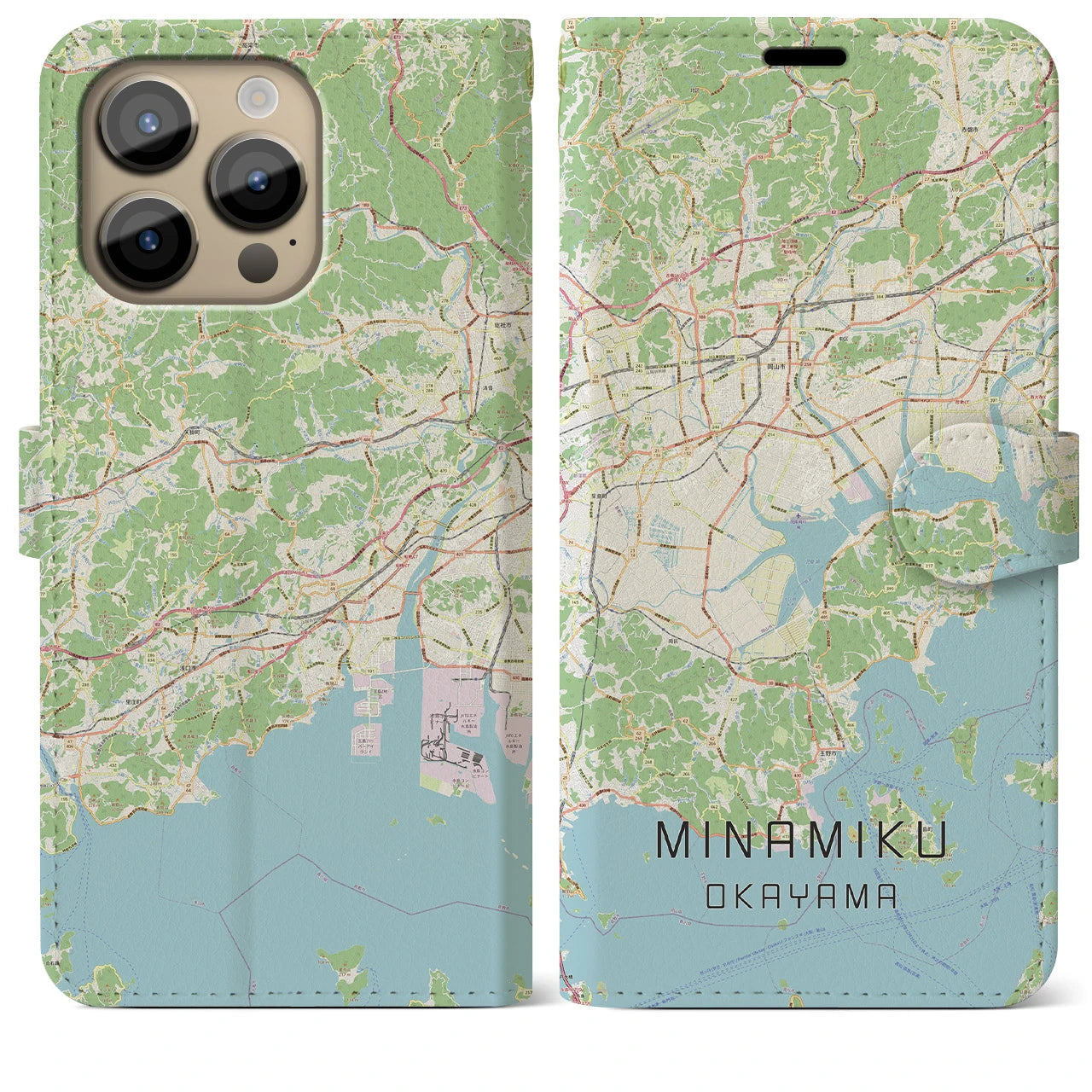 【南区（岡山市）】地図柄iPhoneケース（手帳両面タイプ・ナチュラル）iPhone 14 Pro Max 用