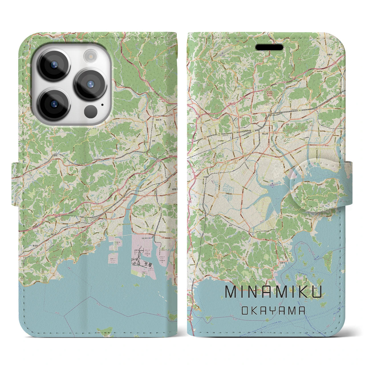 【南区（岡山市）】地図柄iPhoneケース（手帳両面タイプ・ナチュラル）iPhone 14 Pro 用