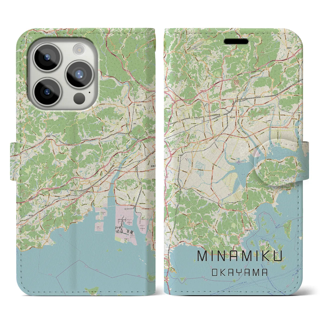 【南区（岡山市）】地図柄iPhoneケース（手帳両面タイプ・ナチュラル）iPhone 15 Pro 用