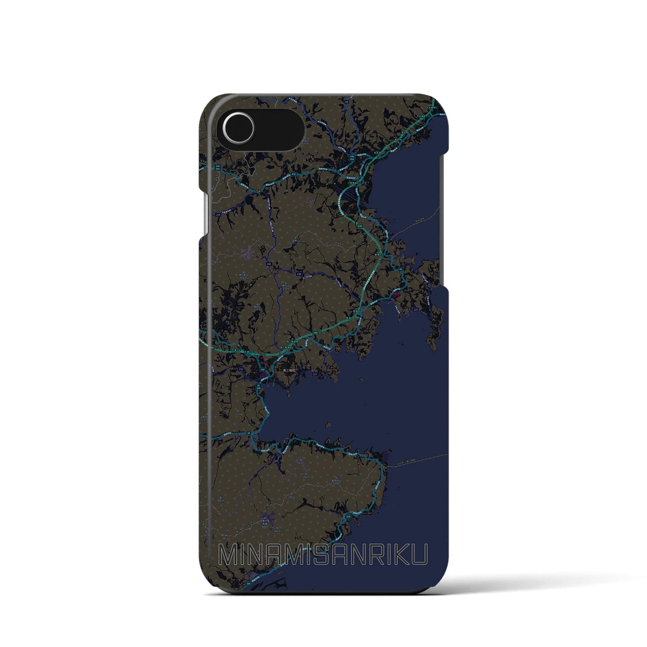 【南三陸】地図柄iPhoneケース（バックカバータイプ・ブラック）iPhone SE（第3 / 第2世代） / 8 / 7 / 6s / 6 用