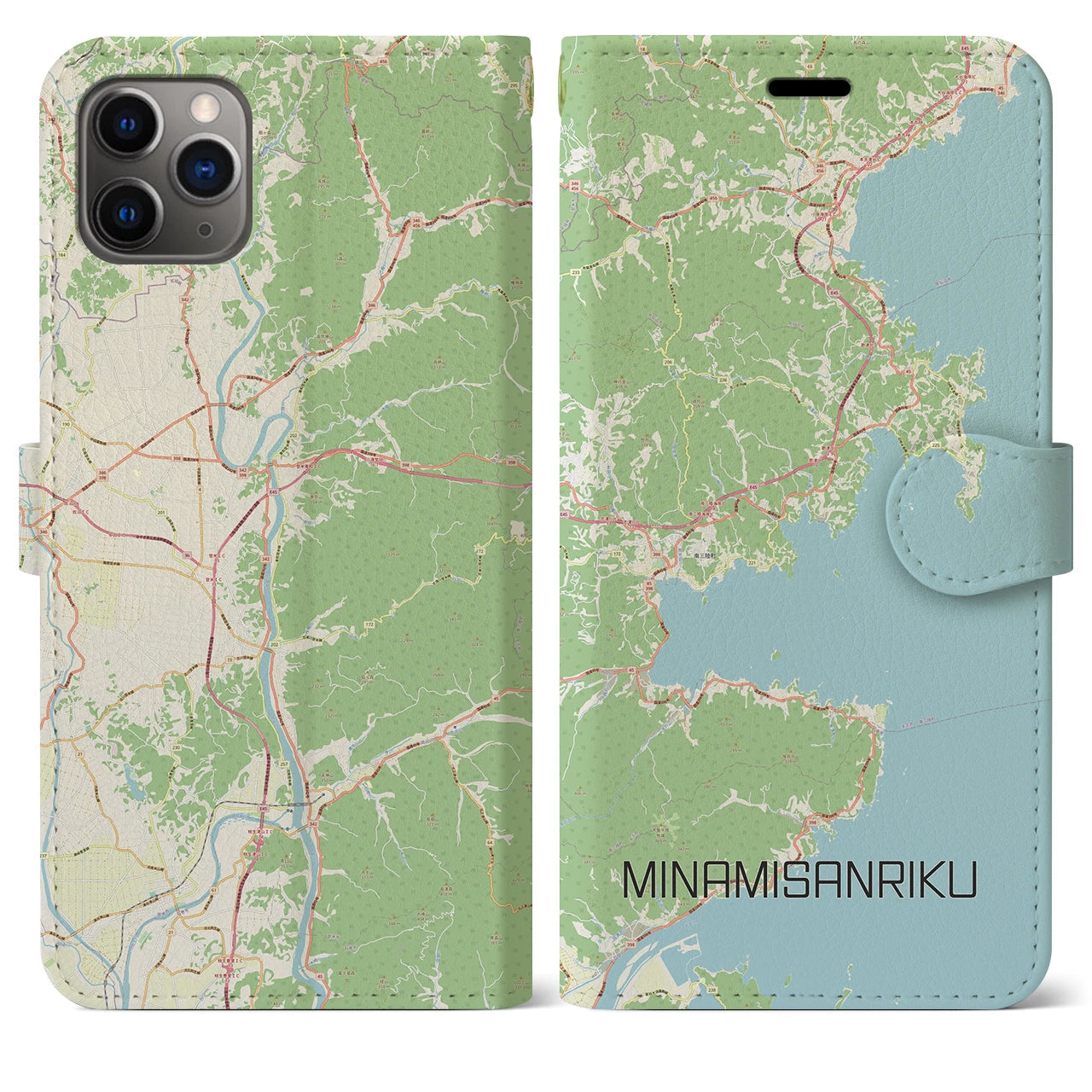 【南三陸】地図柄iPhoneケース（手帳両面タイプ・ナチュラル）iPhone 11 Pro Max 用