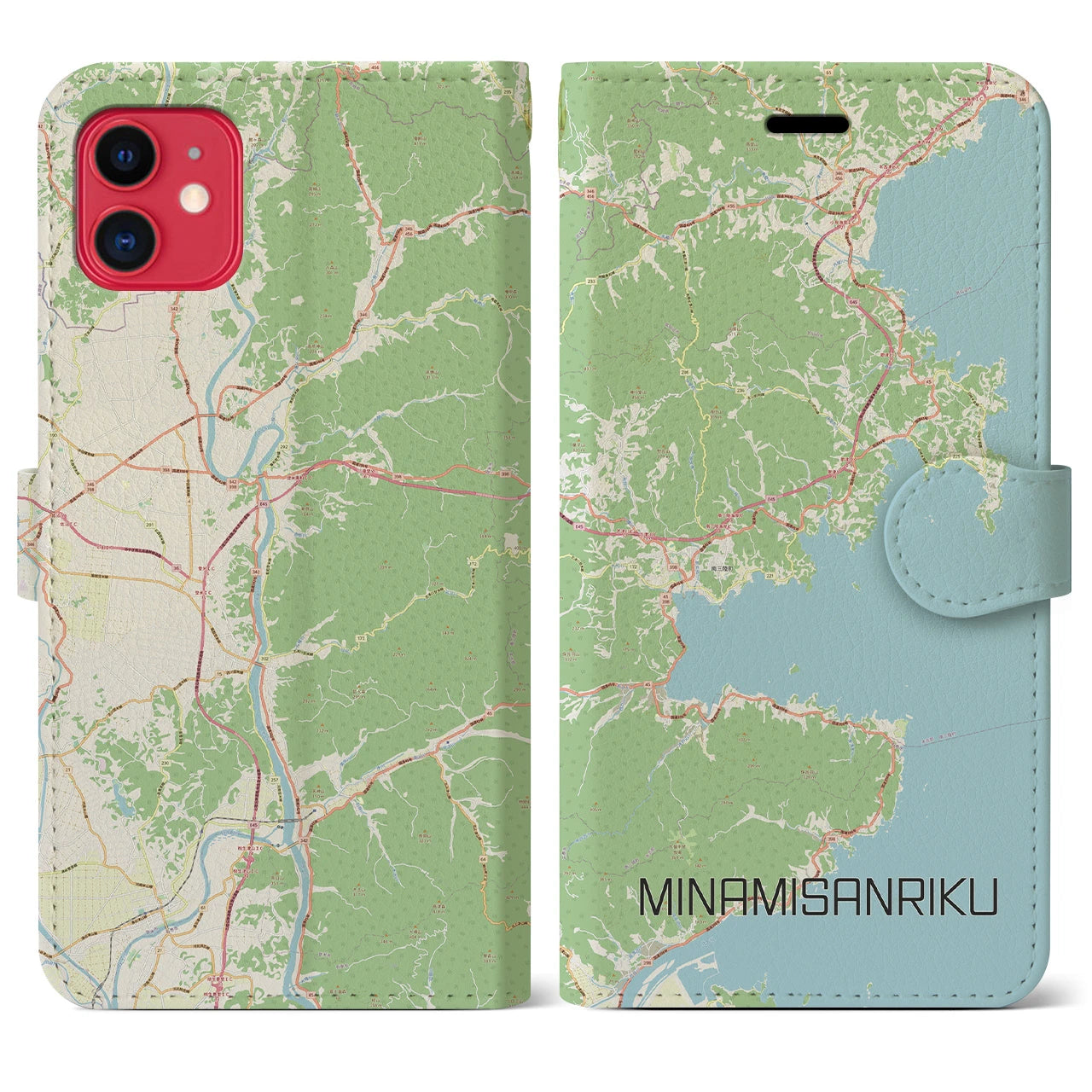 【南三陸】地図柄iPhoneケース（手帳両面タイプ・ナチュラル）iPhone 11 用