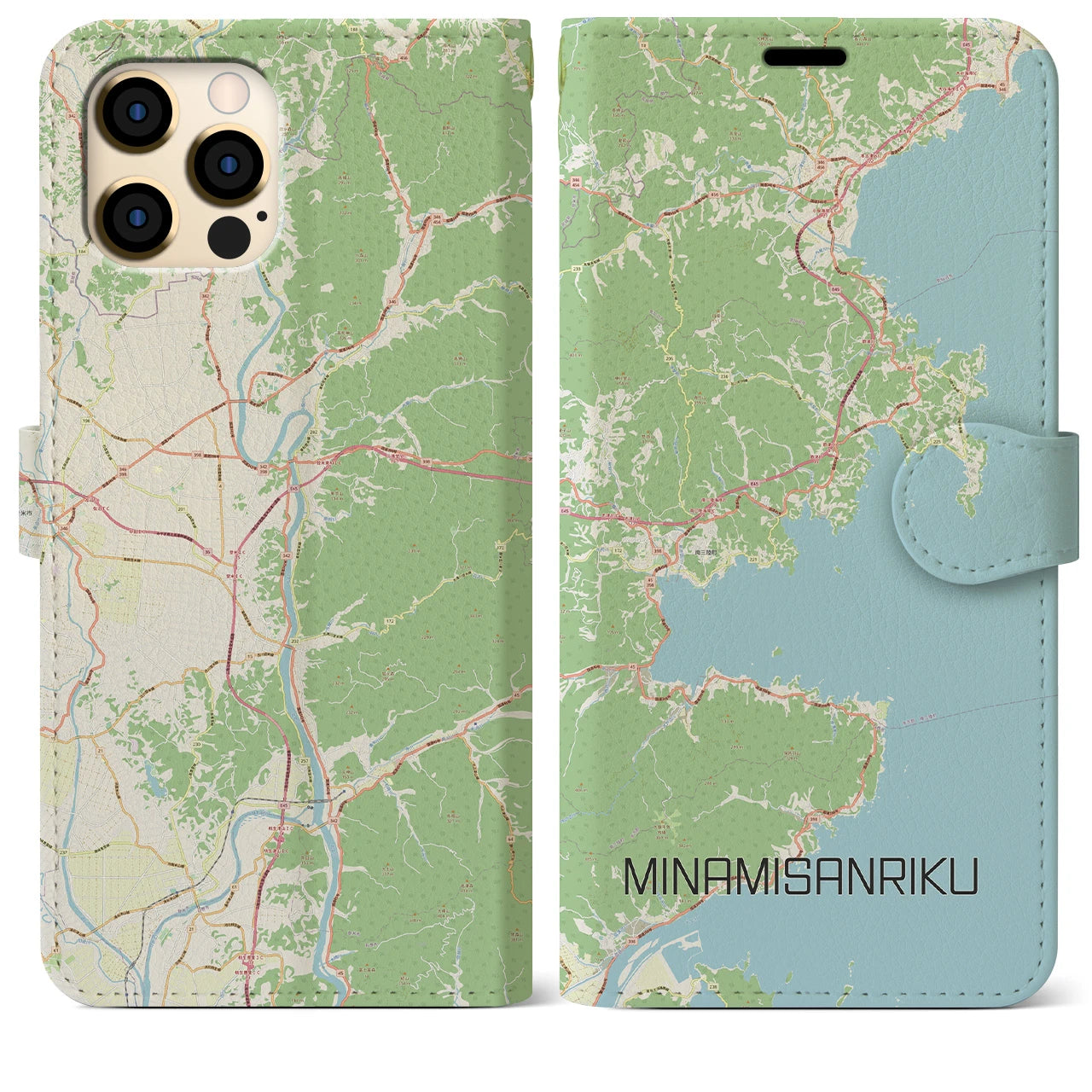 【南三陸】地図柄iPhoneケース（手帳両面タイプ・ナチュラル）iPhone 12 Pro Max 用