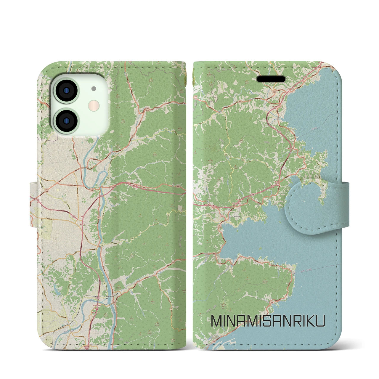 【南三陸】地図柄iPhoneケース（手帳両面タイプ・ナチュラル）iPhone 12 mini 用