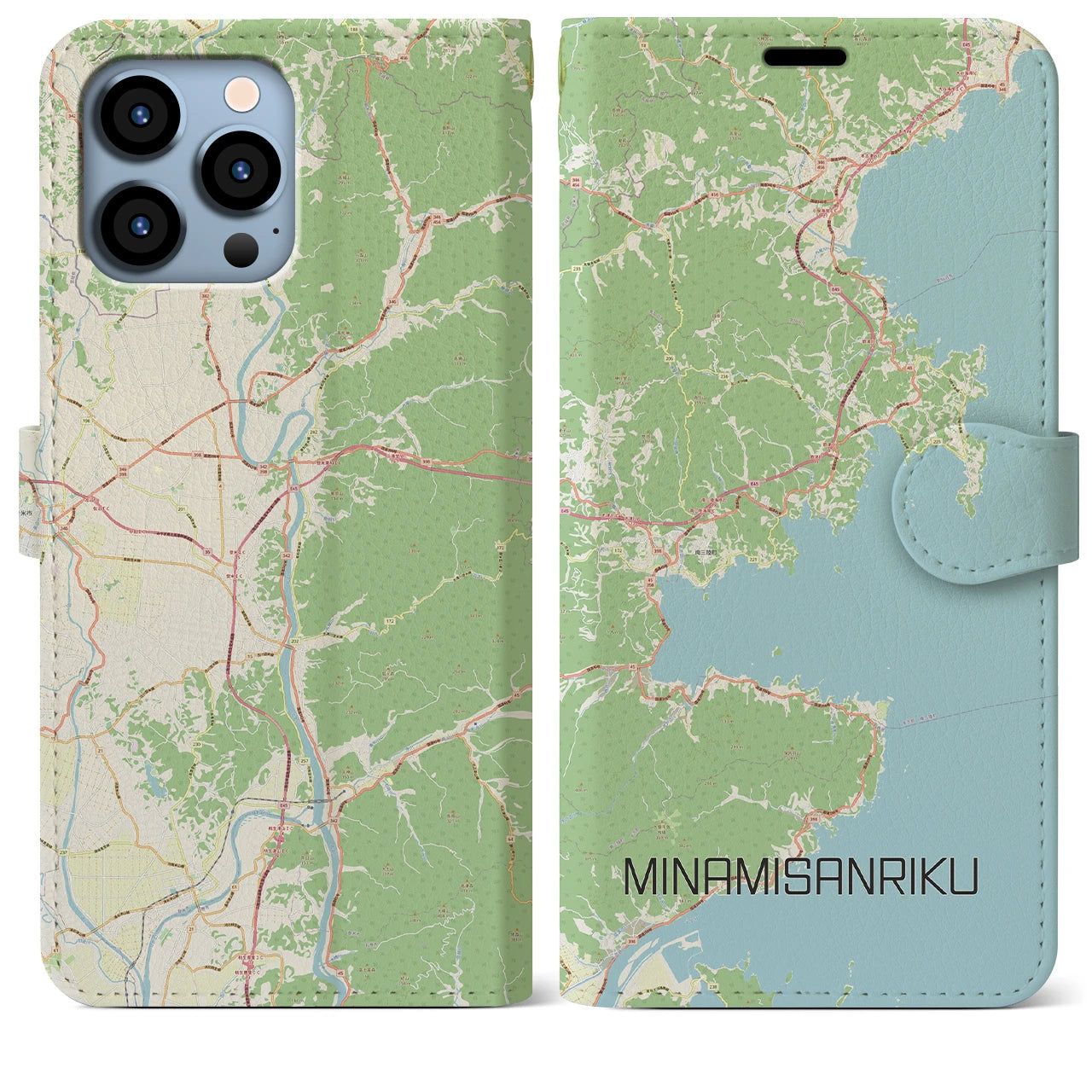 【南三陸】地図柄iPhoneケース（手帳両面タイプ・ナチュラル）iPhone 13 Pro Max 用