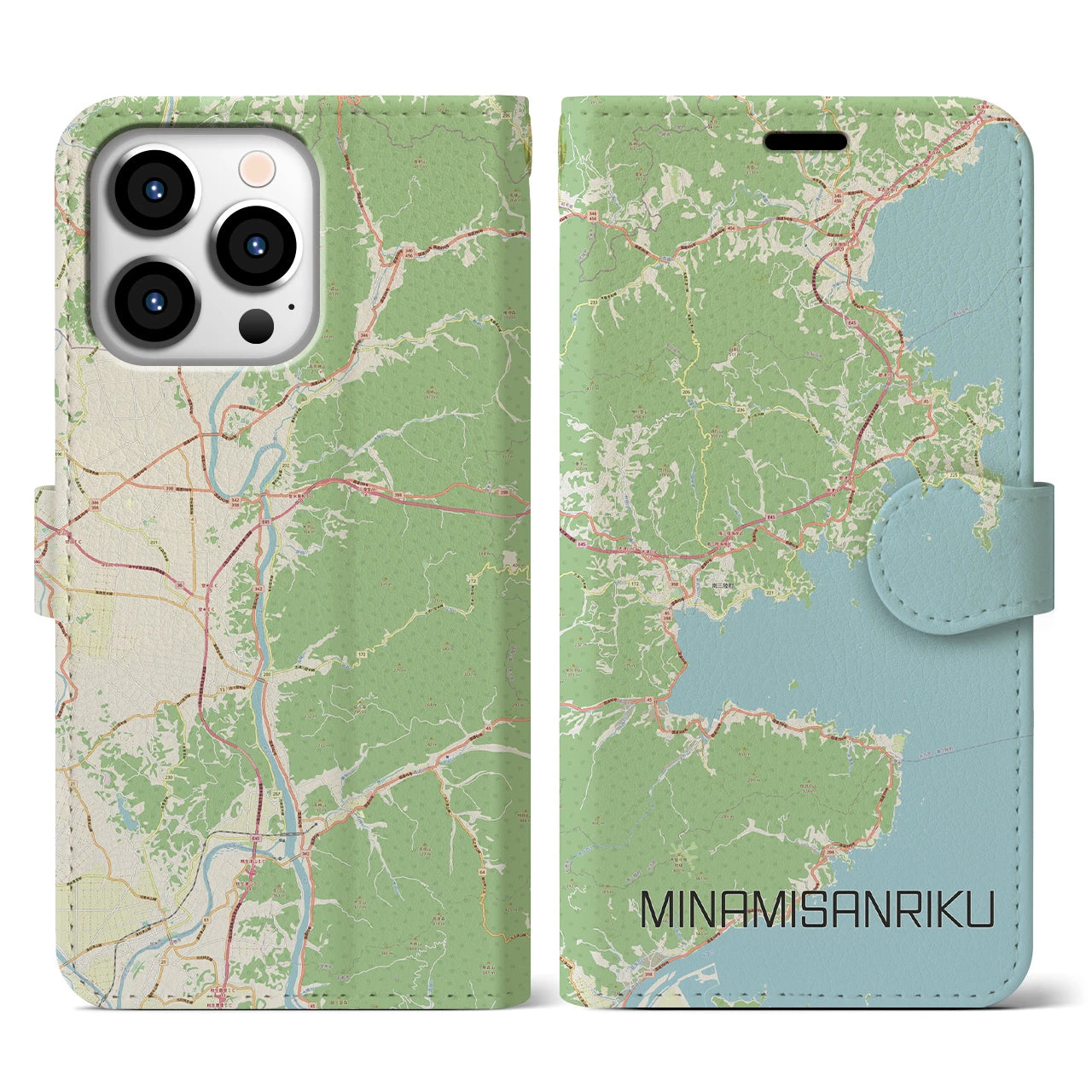 【南三陸】地図柄iPhoneケース（手帳両面タイプ・ナチュラル）iPhone 13 Pro 用
