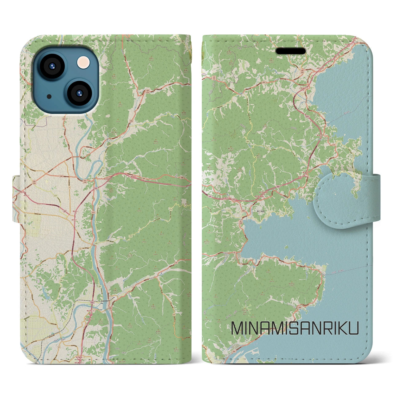 【南三陸】地図柄iPhoneケース（手帳両面タイプ・ナチュラル）iPhone 13 用