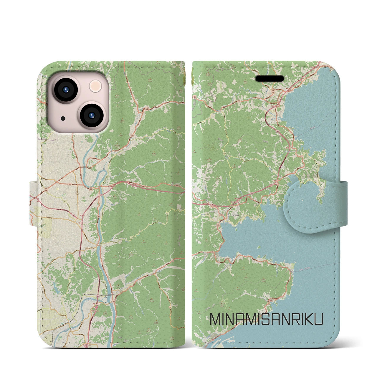 【南三陸】地図柄iPhoneケース（手帳両面タイプ・ナチュラル）iPhone 13 mini 用