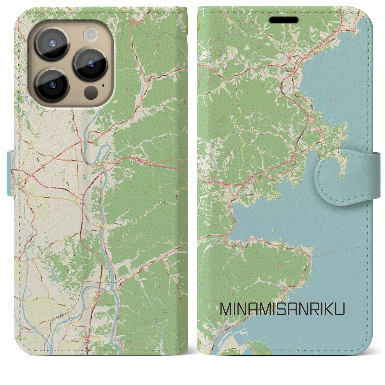 【南三陸】地図柄iPhoneケース（手帳両面タイプ・ナチュラル）iPhone 14 Pro Max 用