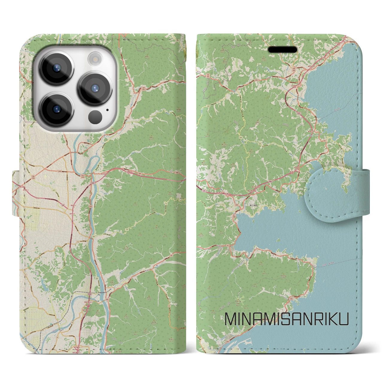 【南三陸】地図柄iPhoneケース（手帳両面タイプ・ナチュラル）iPhone 14 Pro 用