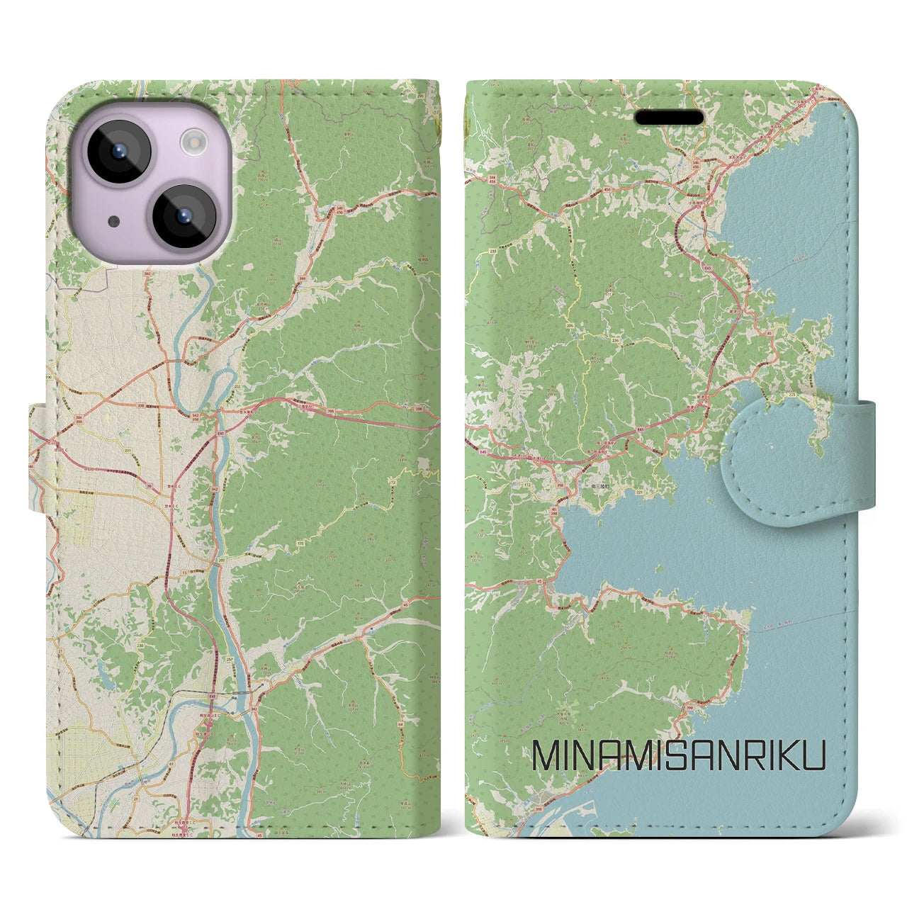 【南三陸】地図柄iPhoneケース（手帳両面タイプ・ナチュラル）iPhone 14 用