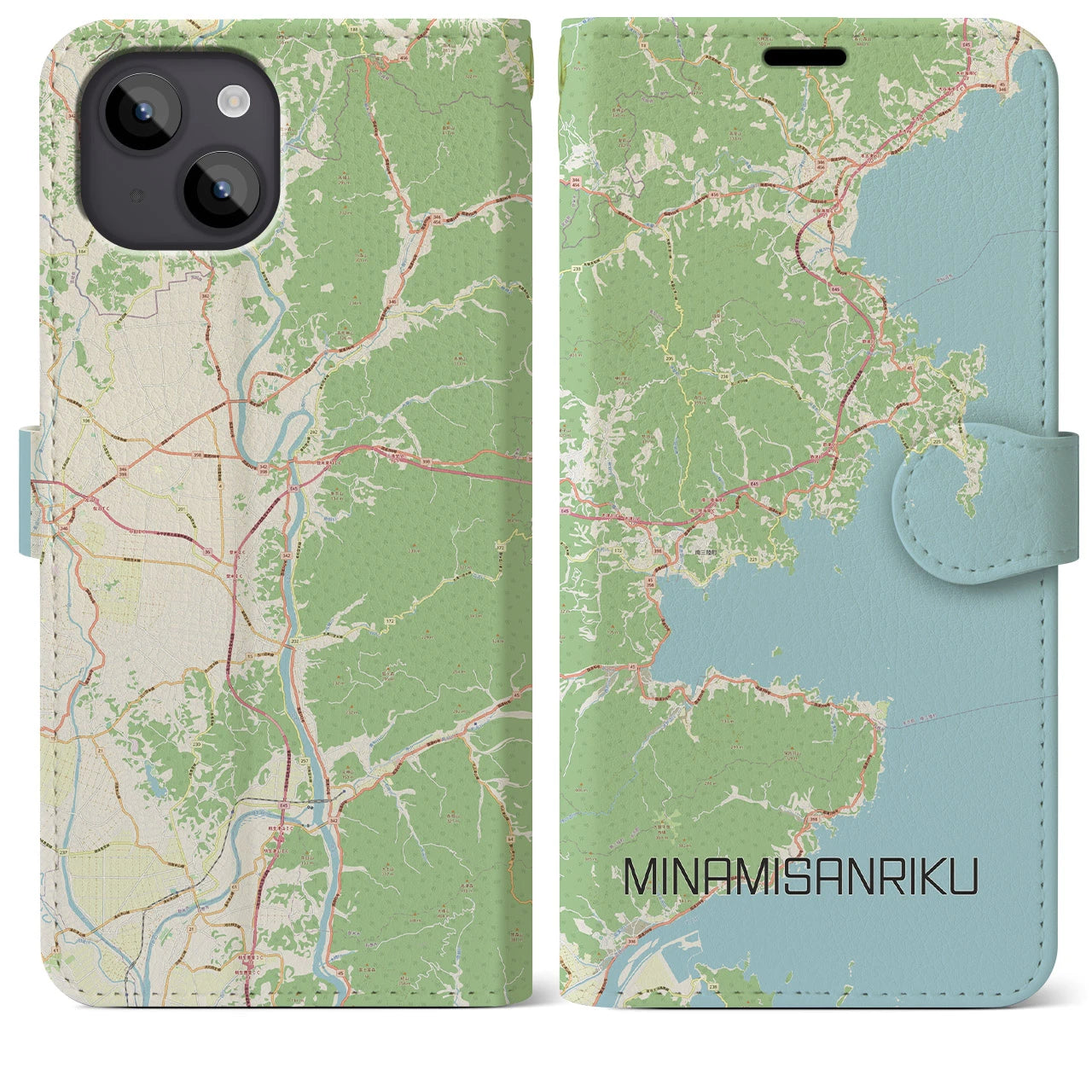 【南三陸】地図柄iPhoneケース（手帳両面タイプ・ナチュラル）iPhone 14 Plus 用