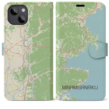 【南三陸（宮城県）】地図柄iPhoneケース（手帳タイプ）ナチュラル・iPhone 14 Plus 用