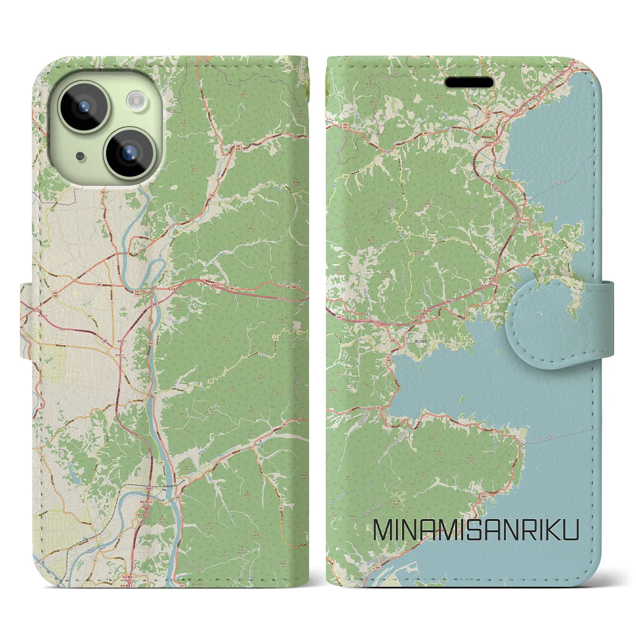 【南三陸】地図柄iPhoneケース（手帳両面タイプ・ナチュラル）iPhone 15 用