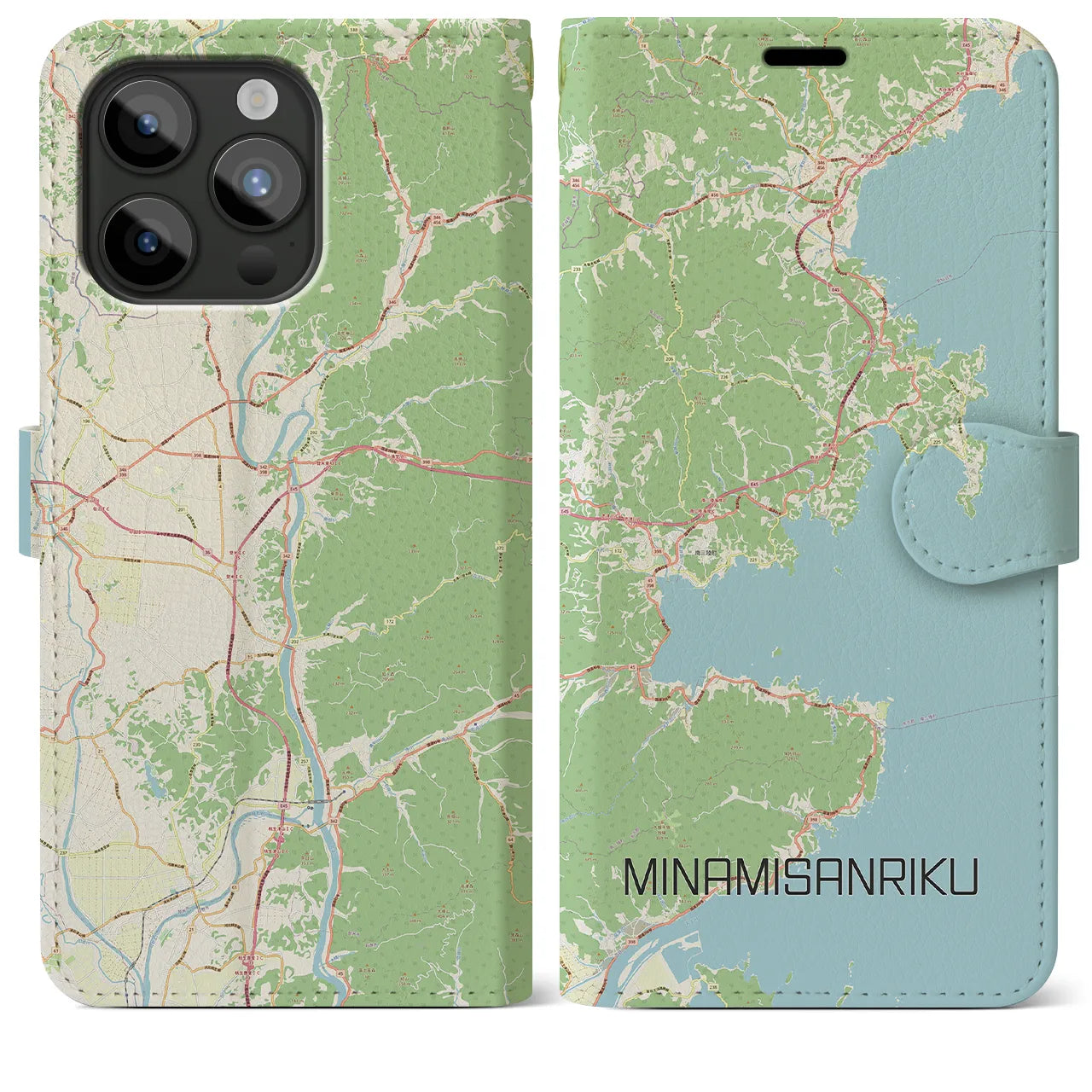 【南三陸】地図柄iPhoneケース（手帳両面タイプ・ナチュラル）iPhone 15 Pro Max 用