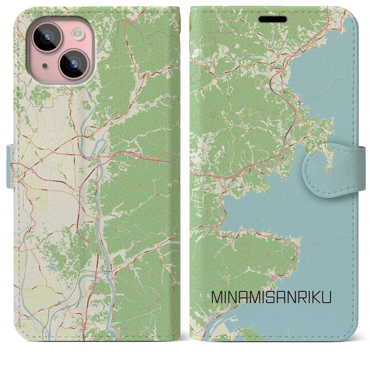 【南三陸】地図柄iPhoneケース（手帳両面タイプ・ナチュラル）iPhone 15 Plus 用