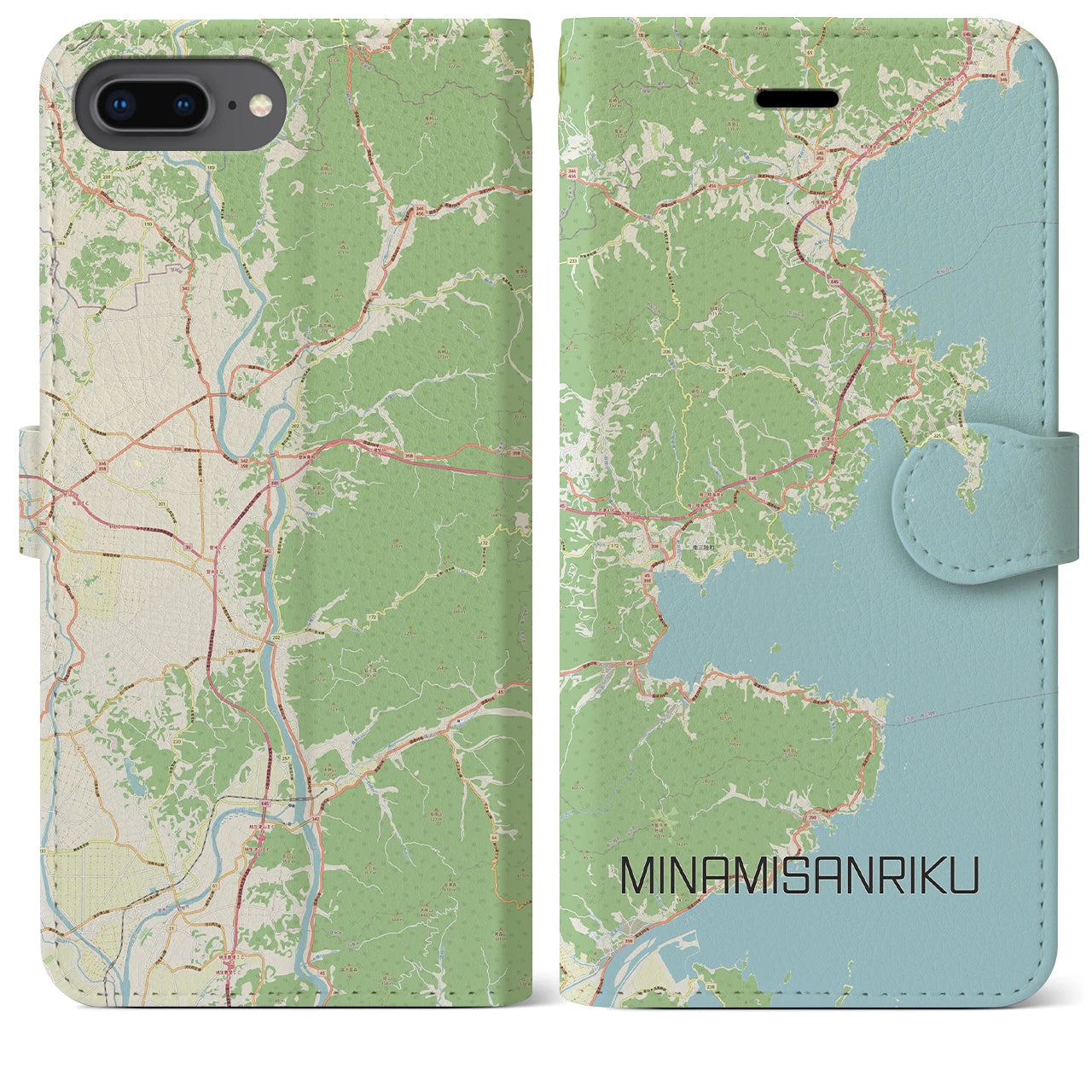 【南三陸】地図柄iPhoneケース（手帳両面タイプ・ナチュラル）iPhone 8Plus /7Plus / 6sPlus / 6Plus 用