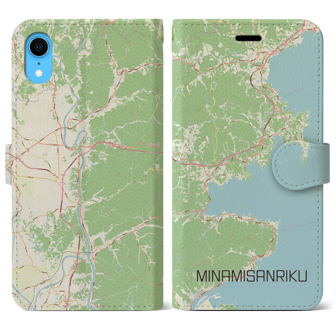 【南三陸】地図柄iPhoneケース（手帳両面タイプ・ナチュラル）iPhone XR 用