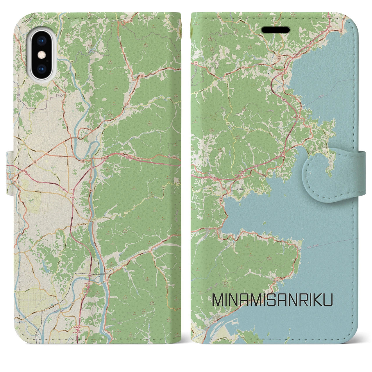 【南三陸】地図柄iPhoneケース（手帳両面タイプ・ナチュラル）iPhone XS Max 用