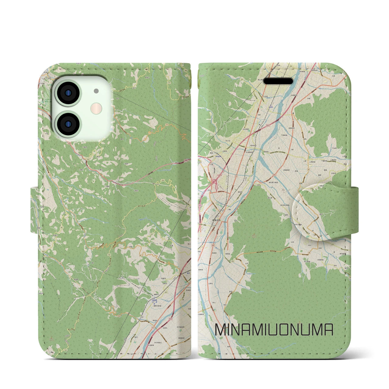 【南魚沼】地図柄iPhoneケース（手帳両面タイプ・ナチュラル）iPhone 12 mini 用