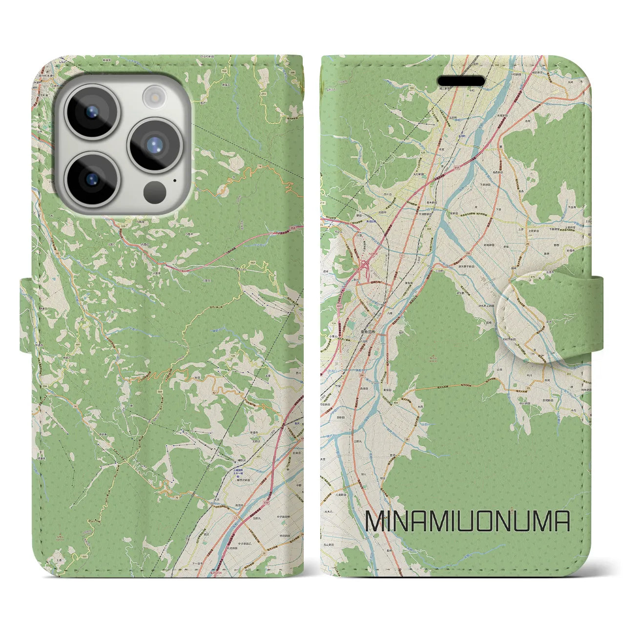 【南魚沼】地図柄iPhoneケース（手帳両面タイプ・ナチュラル）iPhone 15 Pro 用