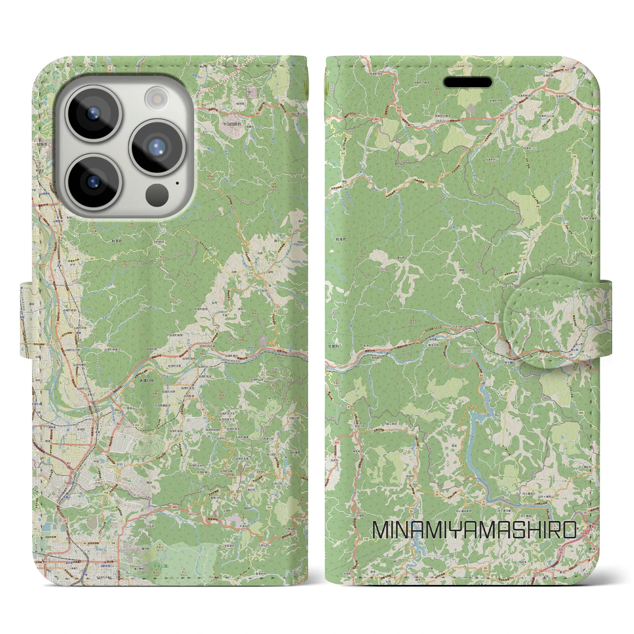 【南山城】地図柄iPhoneケース（手帳両面タイプ・ナチュラル）iPhone 15 Pro 用