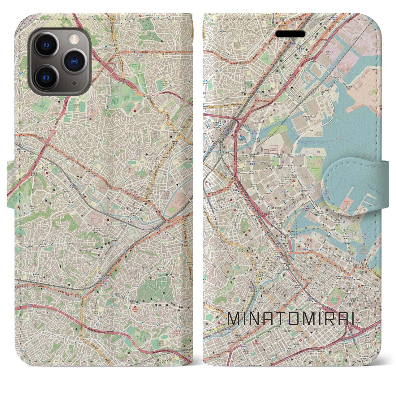【みなとみらい】地図柄iPhoneケース（手帳両面タイプ・ナチュラル）iPhone 11 Pro Max 用