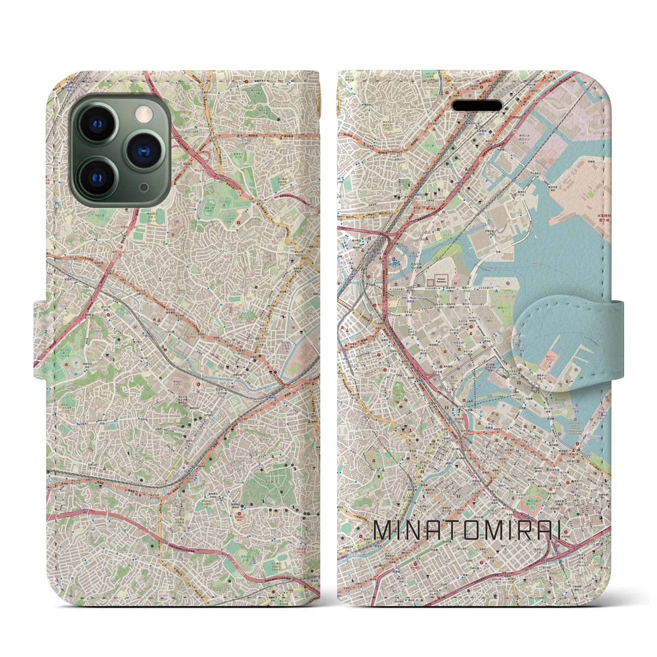 【みなとみらい】地図柄iPhoneケース（手帳両面タイプ・ナチュラル）iPhone 11 Pro 用