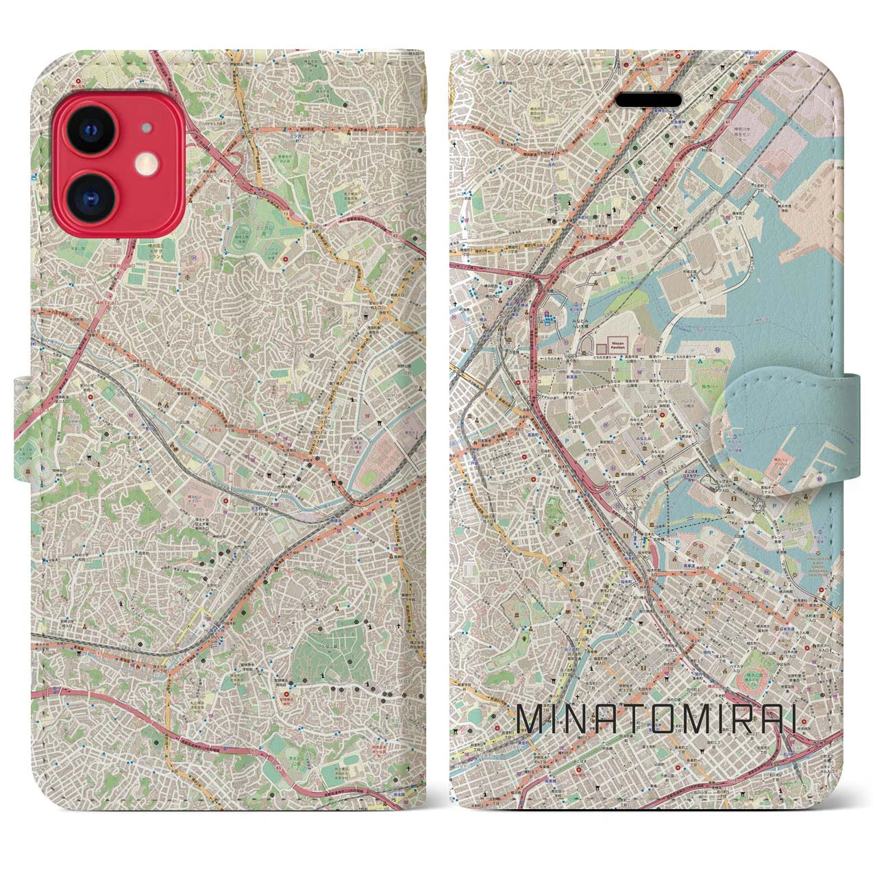 【みなとみらい】地図柄iPhoneケース（手帳両面タイプ・ナチュラル）iPhone 11 用