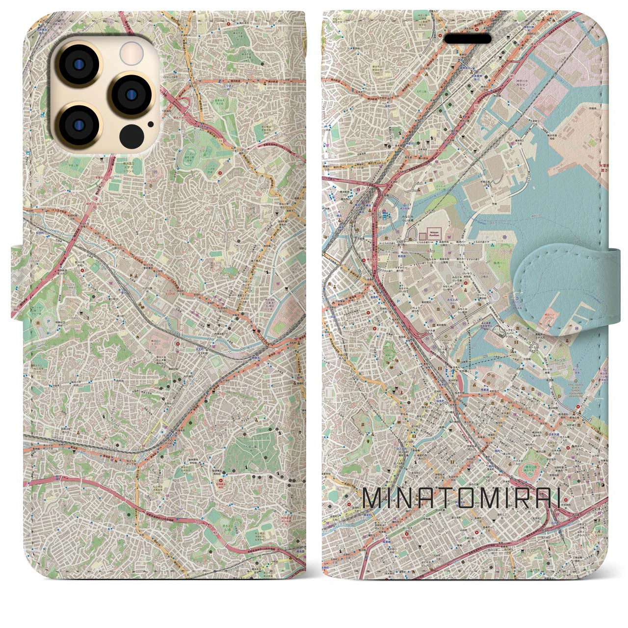 【みなとみらい】地図柄iPhoneケース（手帳両面タイプ・ナチュラル）iPhone 12 Pro Max 用