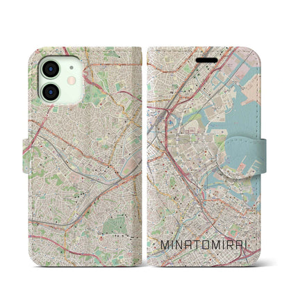 【みなとみらい（神奈川県）】地図柄iPhoneケース（手帳タイプ）ナチュラル・iPhone 12 mini 用