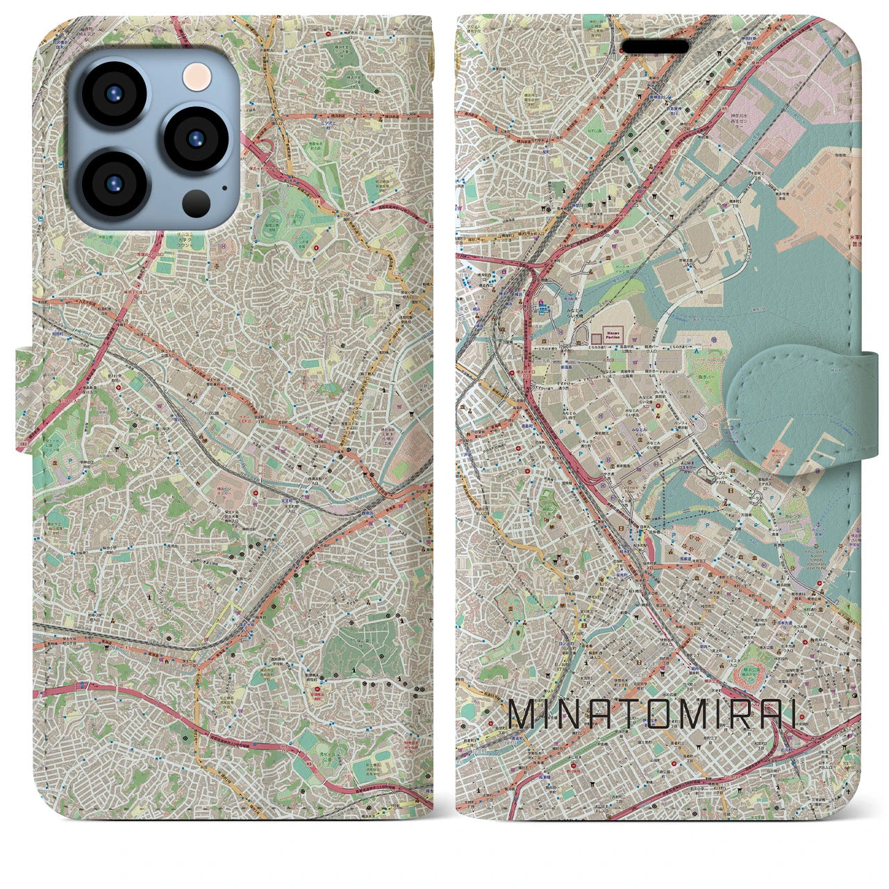 【みなとみらい】地図柄iPhoneケース（手帳両面タイプ・ナチュラル）iPhone 13 Pro Max 用