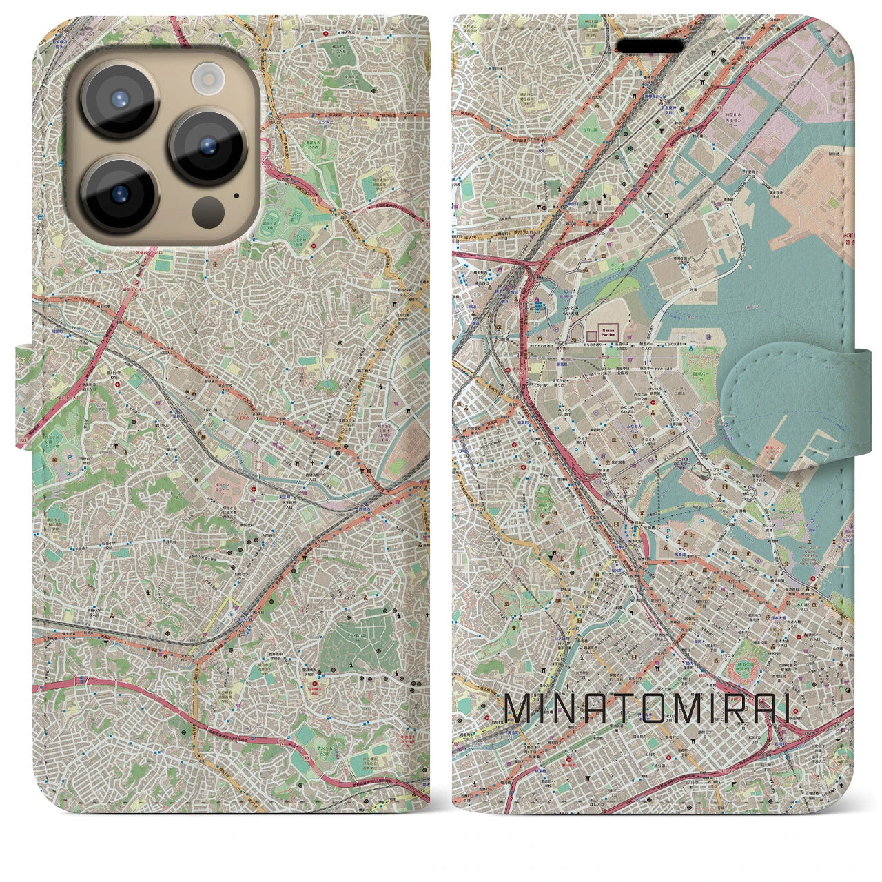 【みなとみらい】地図柄iPhoneケース（手帳両面タイプ・ナチュラル）iPhone 14 Pro Max 用