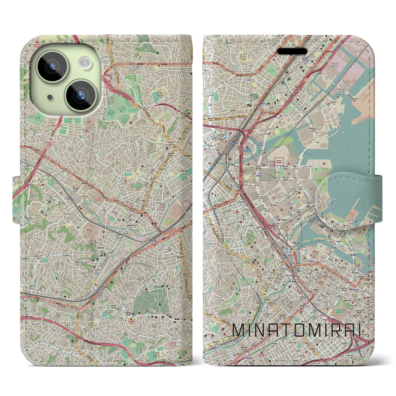 【みなとみらい】地図柄iPhoneケース（手帳両面タイプ・ナチュラル）iPhone 15 用
