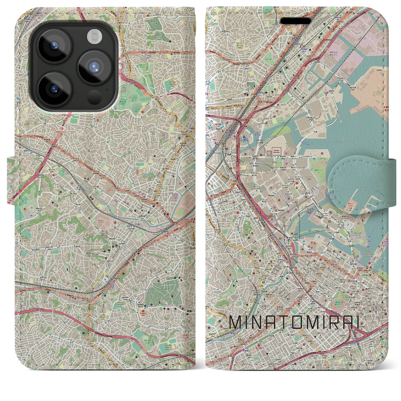 【みなとみらい】地図柄iPhoneケース（手帳両面タイプ・ナチュラル）iPhone 15 Pro Max 用