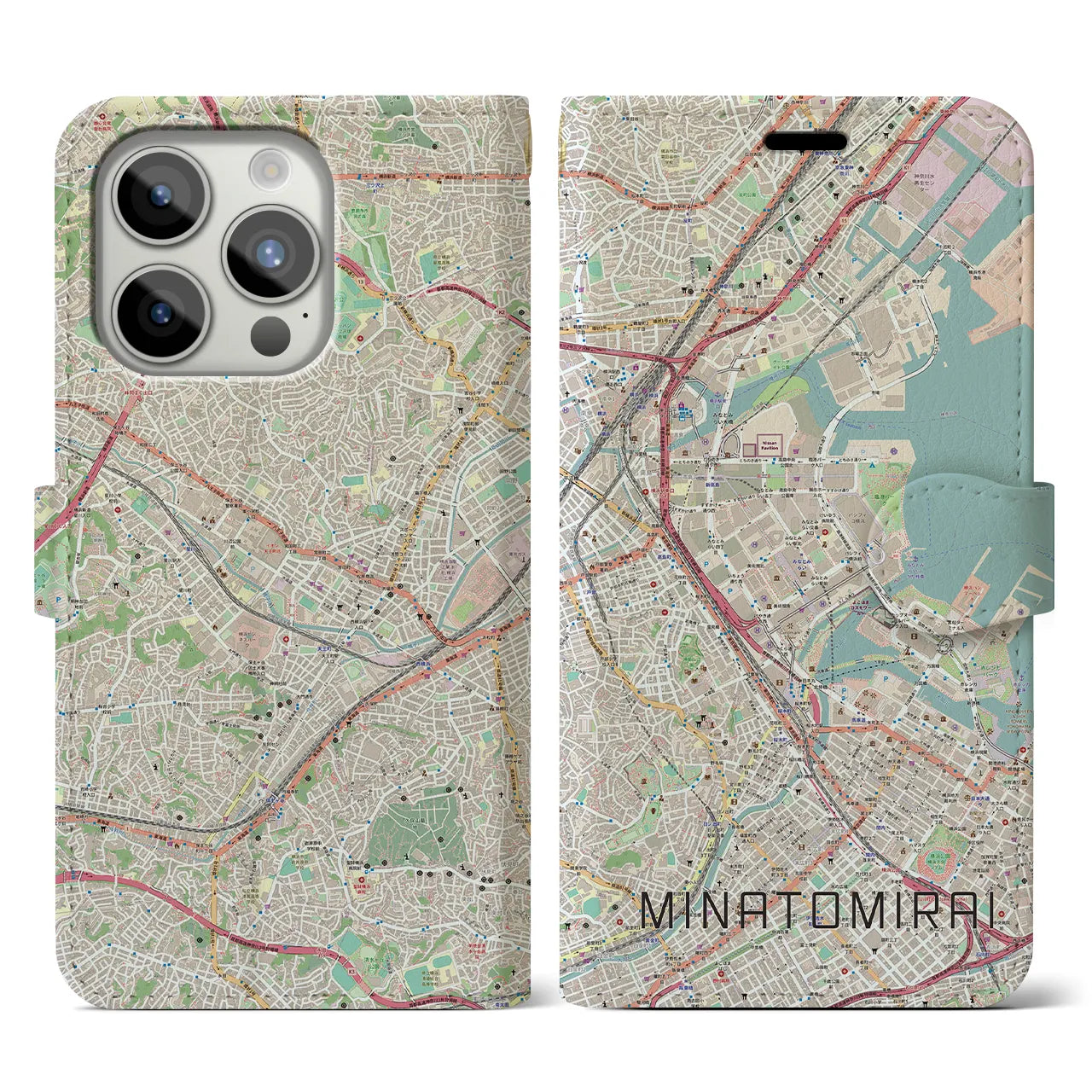 【みなとみらい】地図柄iPhoneケース（手帳両面タイプ・ナチュラル）iPhone 15 Pro 用