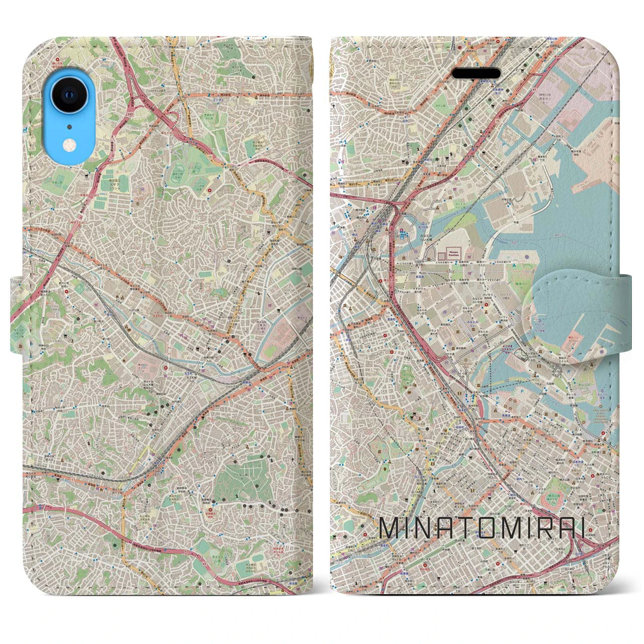 【みなとみらい】地図柄iPhoneケース（手帳両面タイプ・ナチュラル）iPhone XR 用
