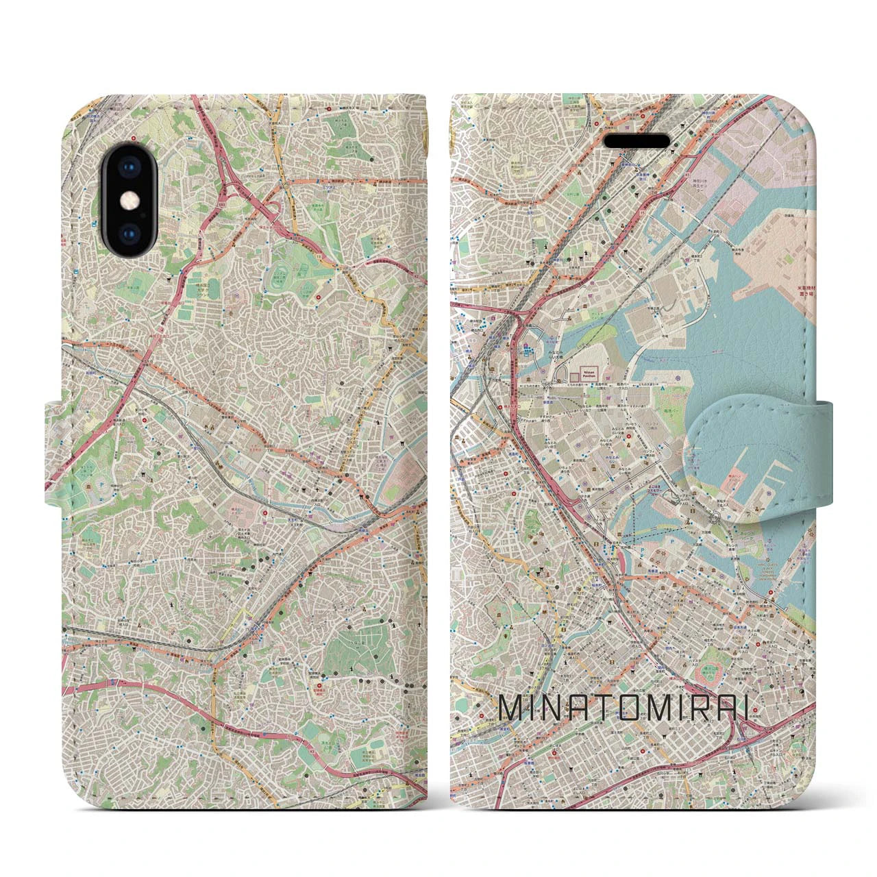 【みなとみらい】地図柄iPhoneケース（手帳両面タイプ・ナチュラル）iPhone XS / X 用