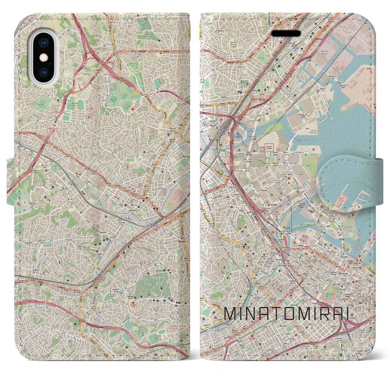 【みなとみらい】地図柄iPhoneケース（手帳両面タイプ・ナチュラル）iPhone XS Max 用
