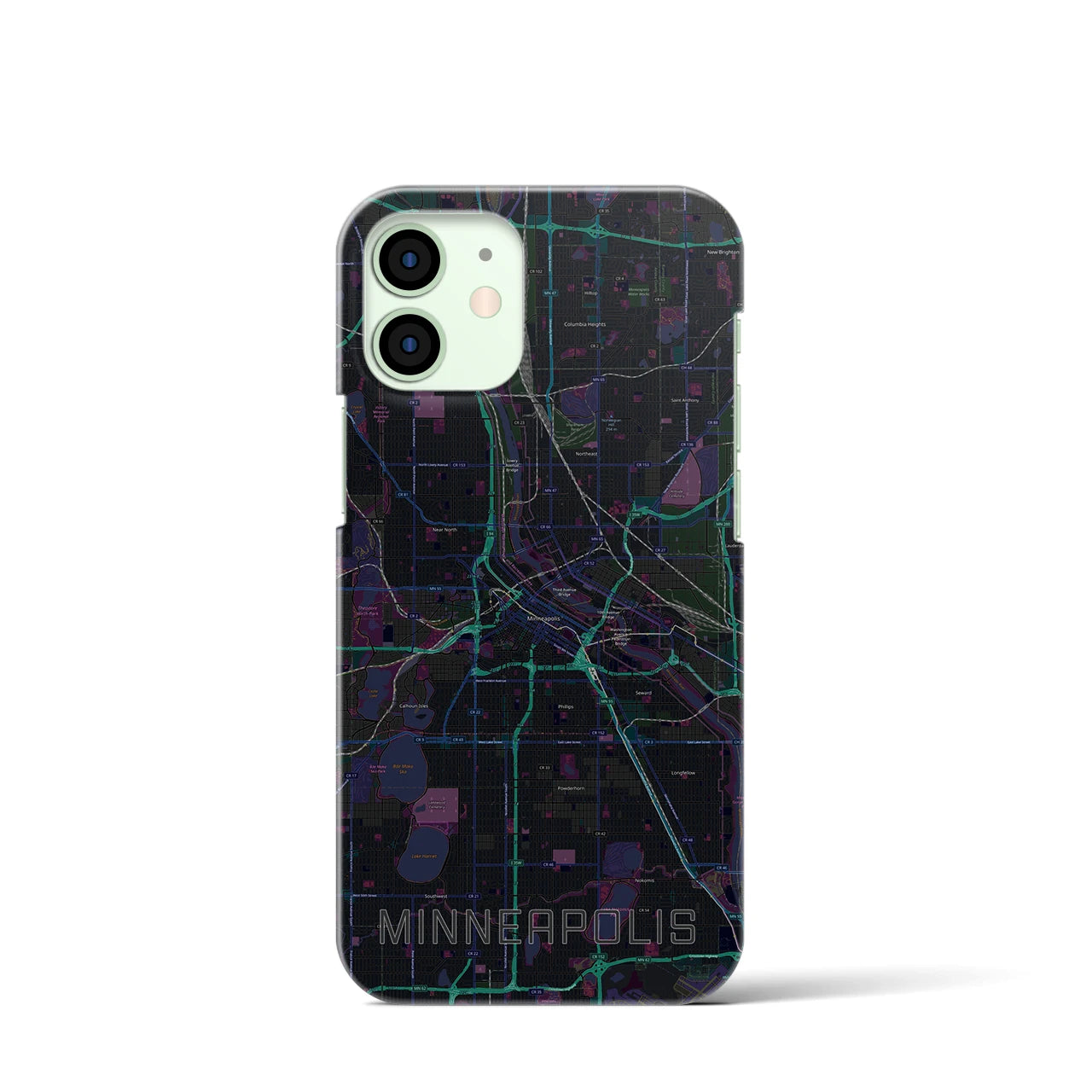【ミネアポリス】地図柄iPhoneケース（バックカバータイプ・ブラック）iPhone 12 mini 用