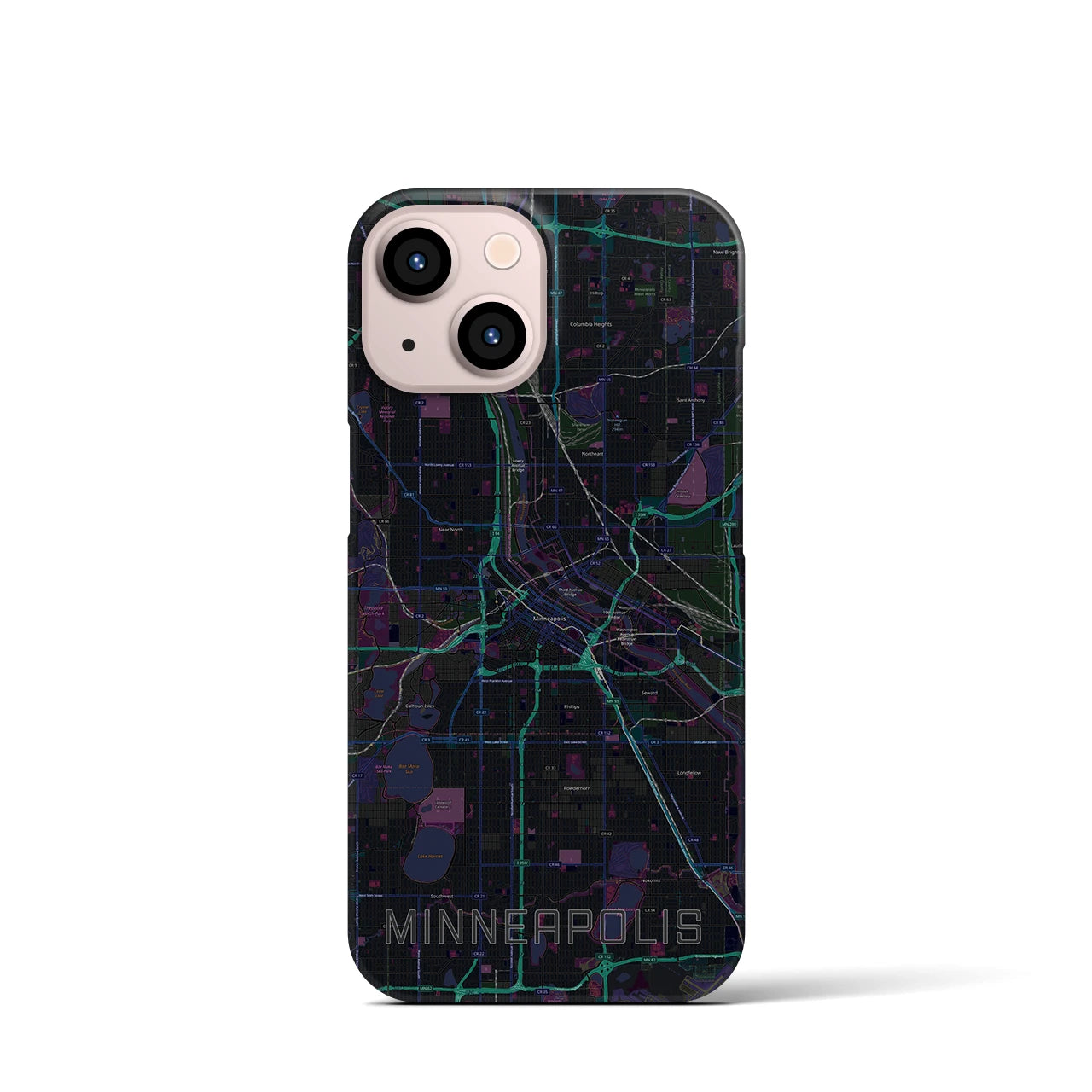 【ミネアポリス】地図柄iPhoneケース（バックカバータイプ・ブラック）iPhone 13 mini 用