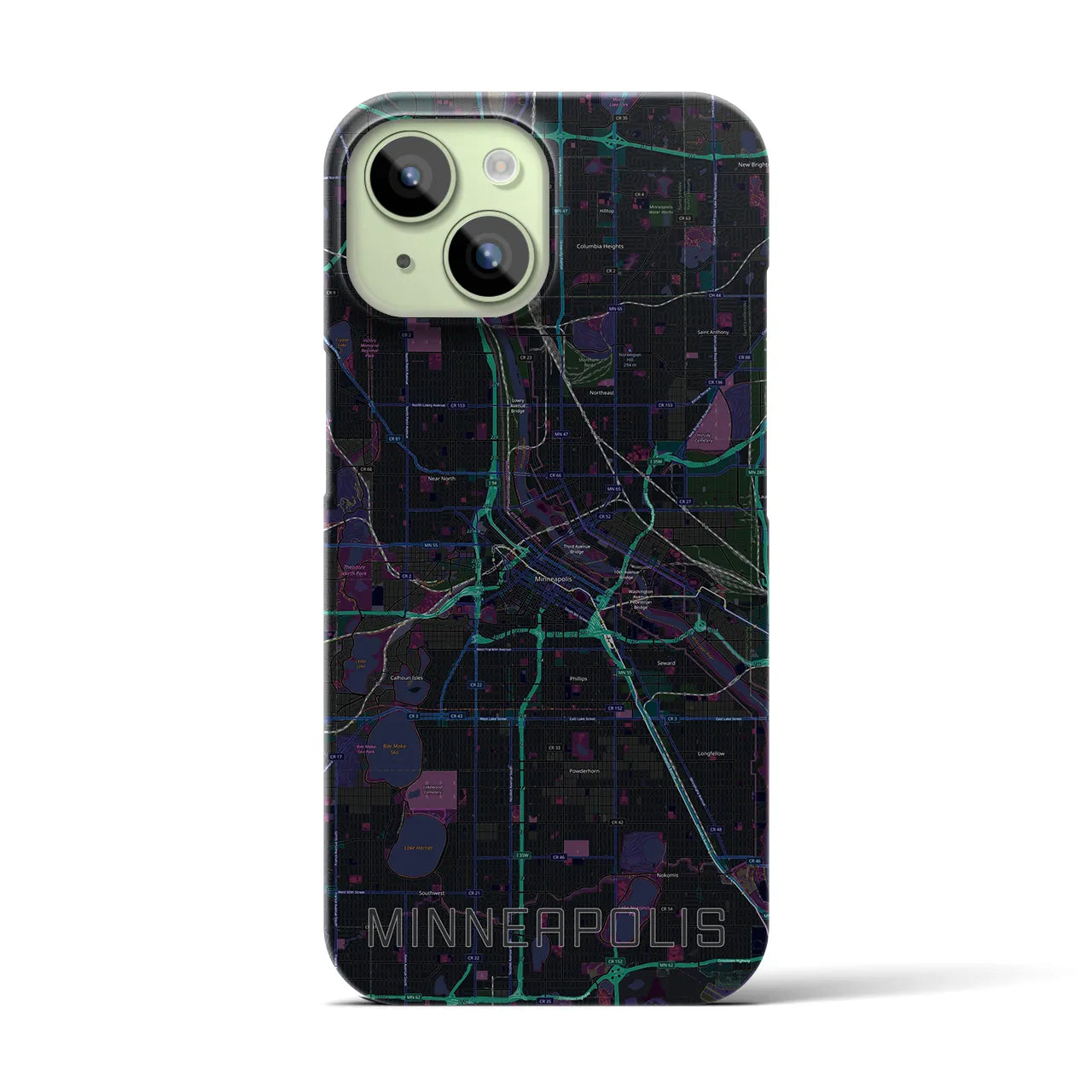 【ミネアポリス】地図柄iPhoneケース（バックカバータイプ・ブラック）iPhone 15 用