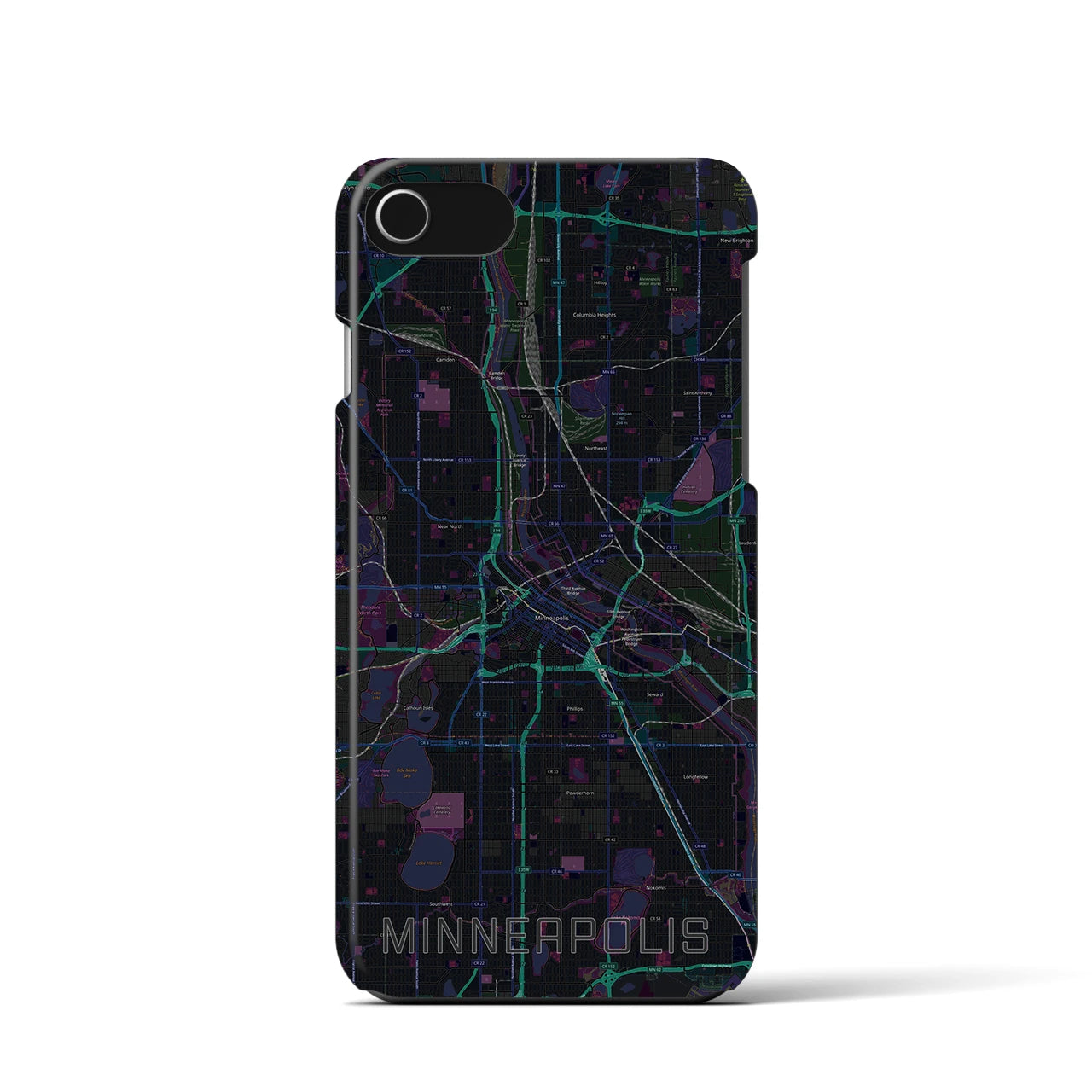 【ミネアポリス】地図柄iPhoneケース（バックカバータイプ・ブラック）iPhone SE（第3 / 第2世代） / 8 / 7 / 6s / 6 用