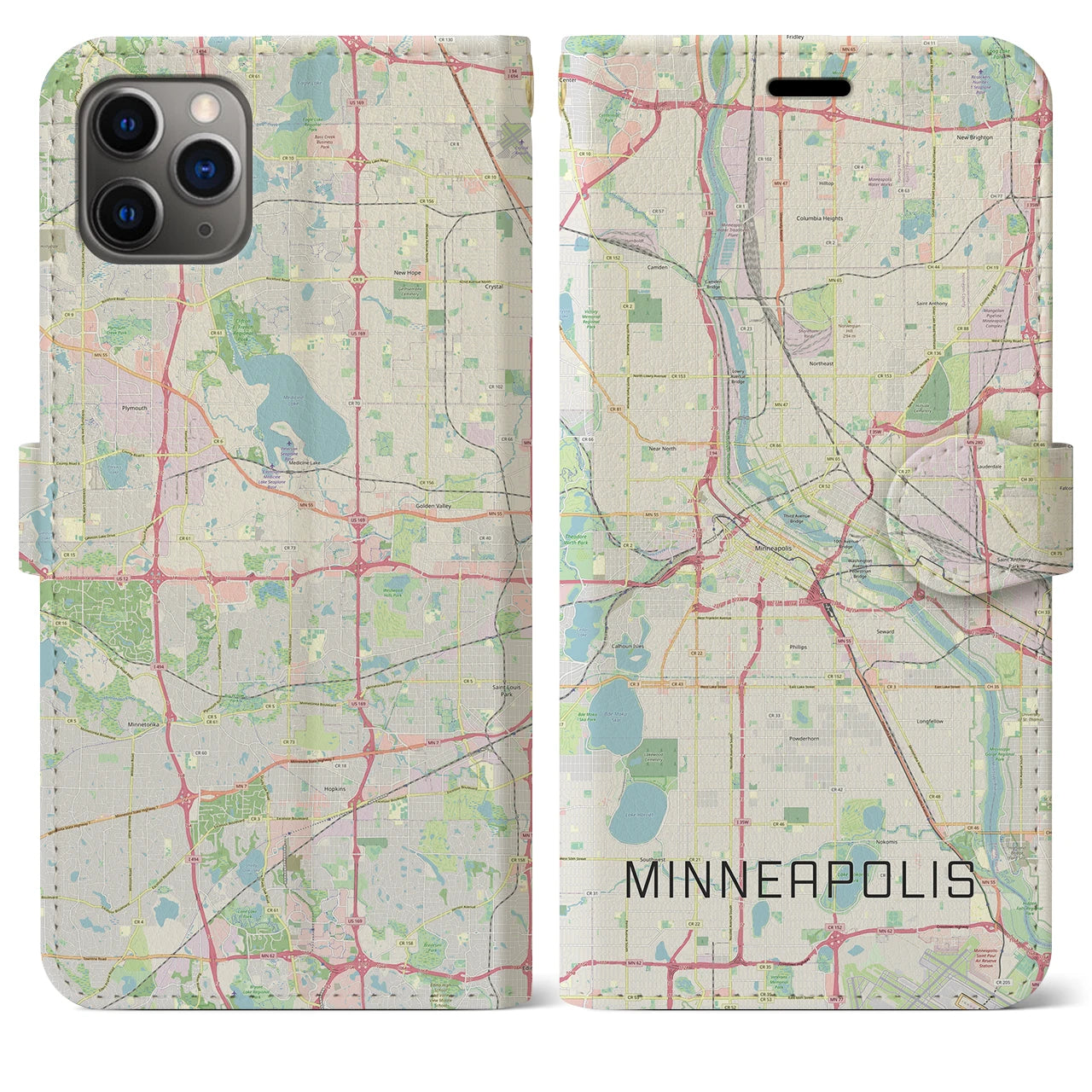 【ミネアポリス】地図柄iPhoneケース（手帳両面タイプ・ナチュラル）iPhone 11 Pro Max 用