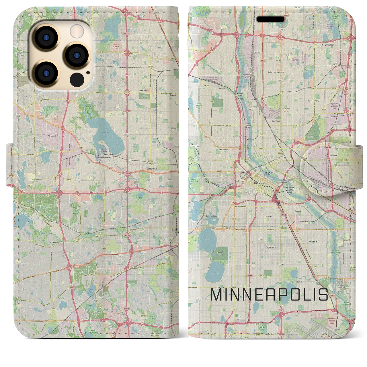 【ミネアポリス】地図柄iPhoneケース（手帳両面タイプ・ナチュラル）iPhone 12 Pro Max 用