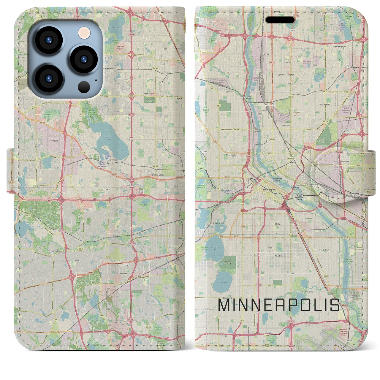 【ミネアポリス】地図柄iPhoneケース（手帳両面タイプ・ナチュラル）iPhone 13 Pro Max 用